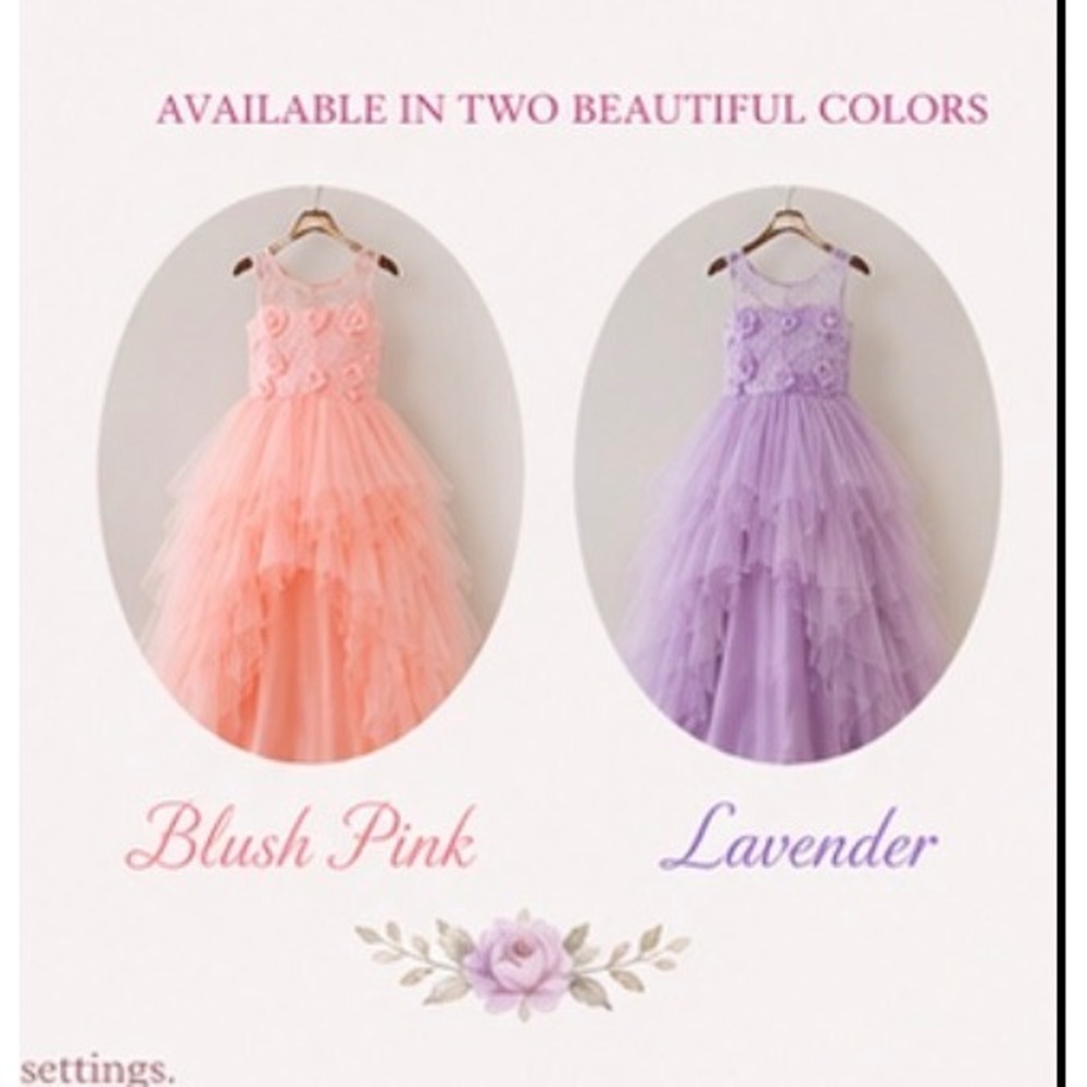 Girls Blush Pink High Low Flower Girl Dress Lace Tulle Pageant Wedding Train - Picture 9 of 10